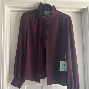 CeCe Burgundy Textured Button down ruffled Top